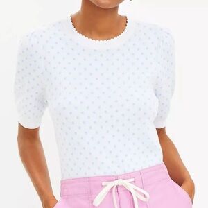 LOFT Blue Polka Dot Puff Sleeve Cotton Sweater | Size Small